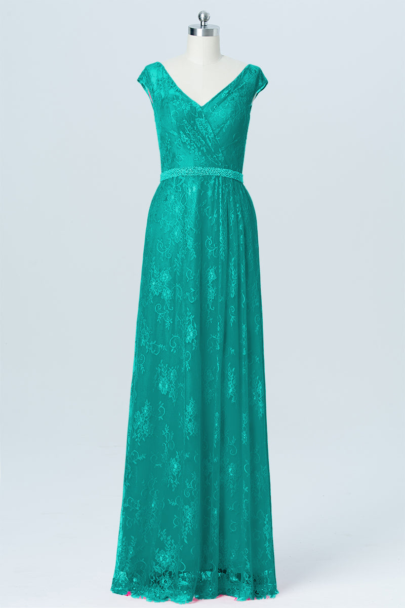 Lace Column V-Neck Cap Sleeves Bridesmaid Dress-B03000
