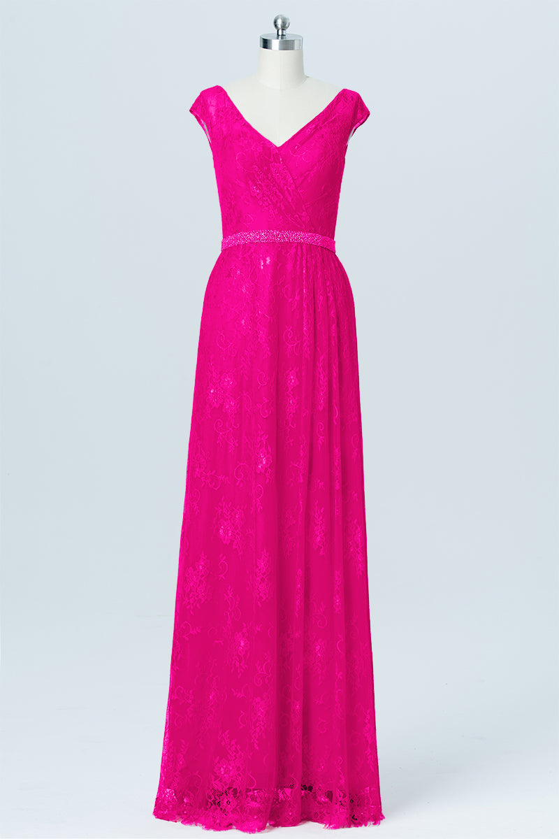 Lace Column V-Neck Cap Sleeves Bridesmaid Dress-B03000