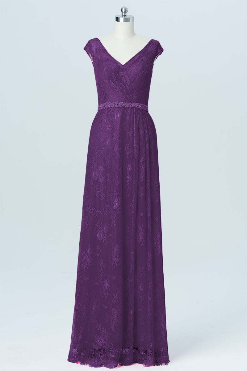 Lace Column V-Neck Cap Sleeves Bridesmaid Dress-B03000