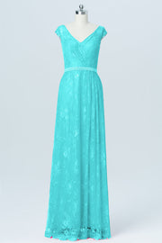Lace Column V-Neck Cap Sleeves Bridesmaid Dress-B03000