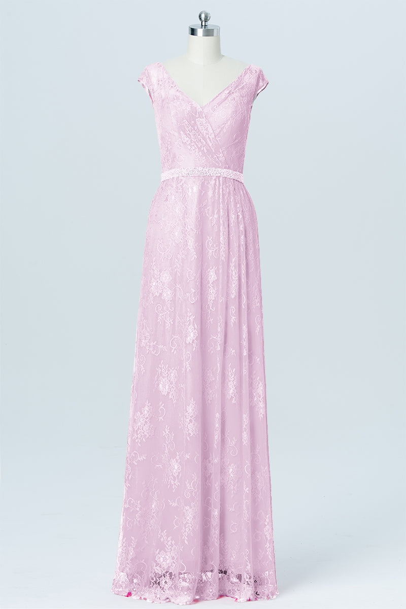 Lace Column V-Neck Cap Sleeves Bridesmaid Dress-B03000