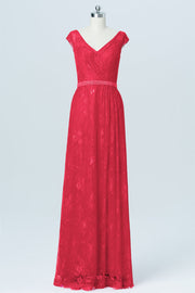 Lace Column V-Neck Cap Sleeves Bridesmaid Dress-B03000