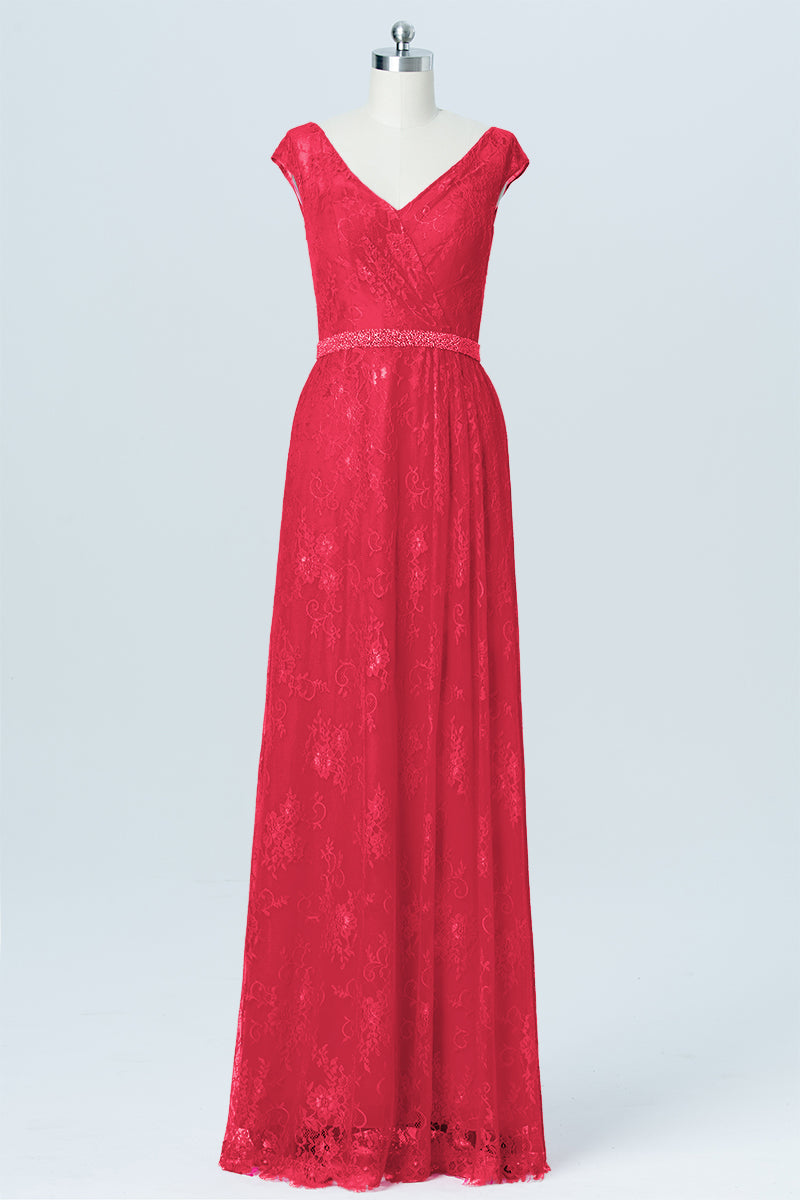 Lace Column V-Neck Cap Sleeves Bridesmaid Dress-B03000