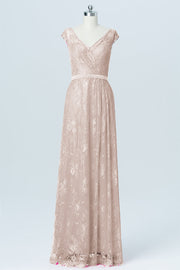 Lace Column V-Neck Cap Sleeves Bridesmaid Dress-B03000