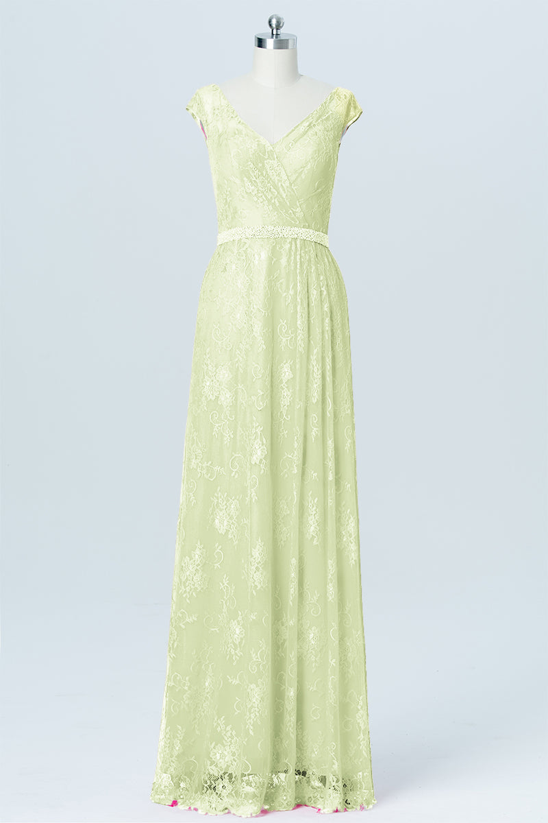 Lace Column V-Neck Cap Sleeves Bridesmaid Dress-B03000