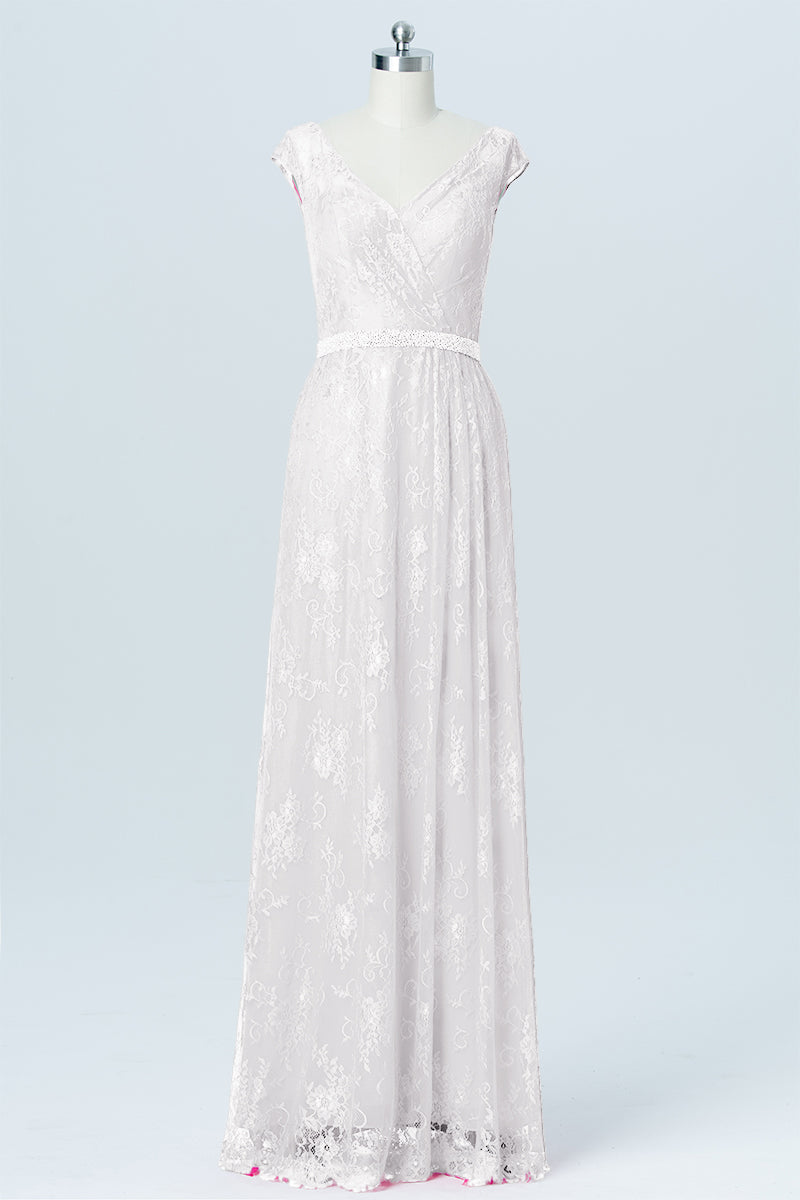 Lace Column V-Neck Cap Sleeves Bridesmaid Dress-B03000