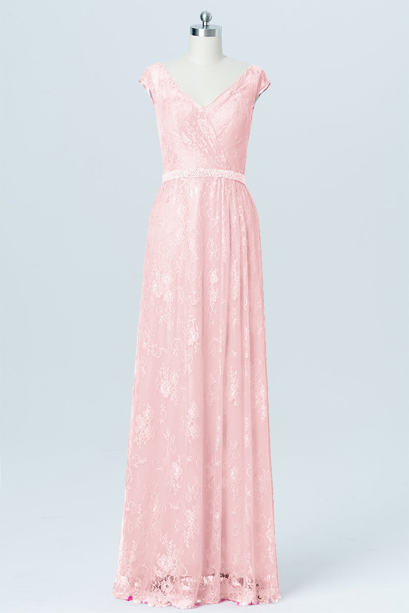 Lace Column V-Neck Cap Sleeves Bridesmaid Dress-B03000