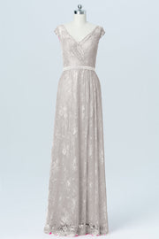 Lace Column V-Neck Cap Sleeves Bridesmaid Dress-B03000