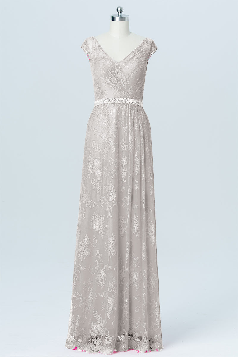 Lace Column V-Neck Cap Sleeves Bridesmaid Dress-B03000