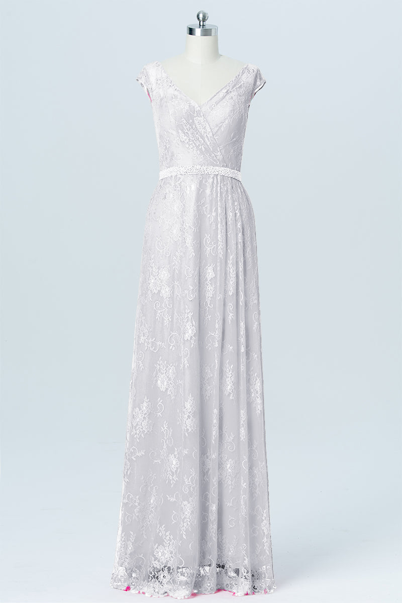 Lace Column V-Neck Cap Sleeves Bridesmaid Dress-B03000