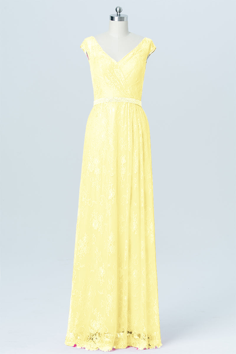 Lace Column V-Neck Cap Sleeves Bridesmaid Dress-B03000