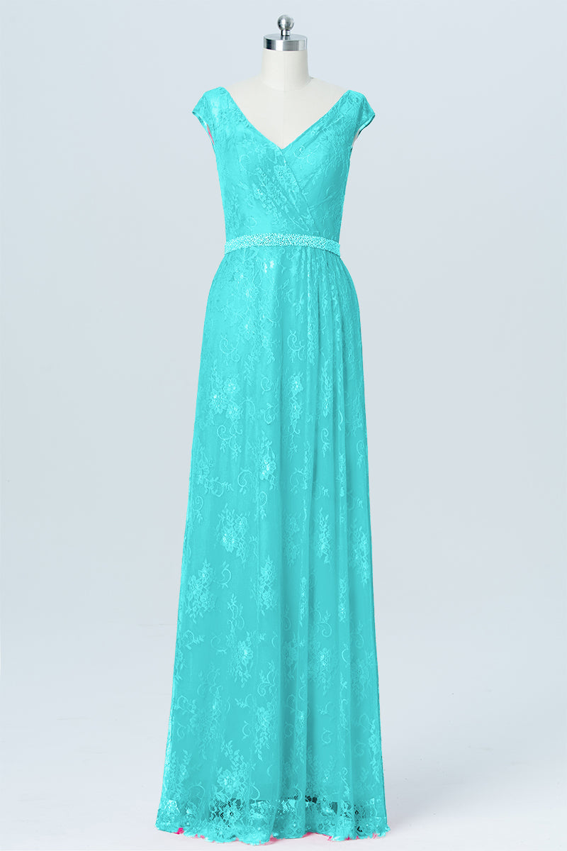 Lace Column V-Neck Cap Sleeves Bridesmaid Dress-B03000