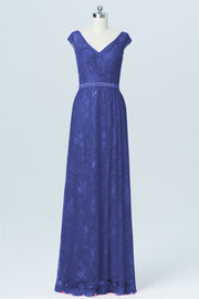 Lace Column V-Neck Cap Sleeves Bridesmaid Dress-B03000