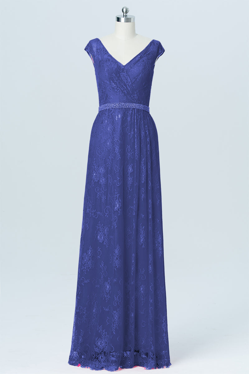 Lace Column V-Neck Cap Sleeves Bridesmaid Dress-B03000
