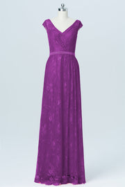 Lace Column V-Neck Cap Sleeves Bridesmaid Dress-B03000