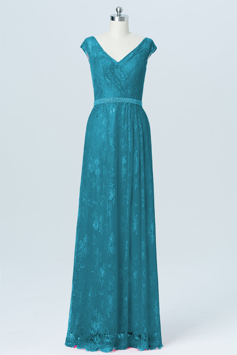 Lace Column V-Neck Cap Sleeves Bridesmaid Dress-B03000