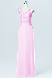 Lace Column V-Neck Cap Sleeves Bridesmaid Dress-B03005