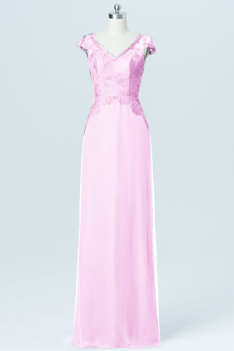 Lace Column V-Neck Cap Sleeves Bridesmaid Dress-B03005