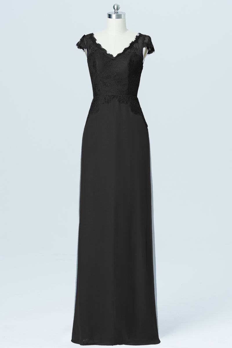 Lace Column V-Neck Cap Sleeves Bridesmaid Dress-B03005