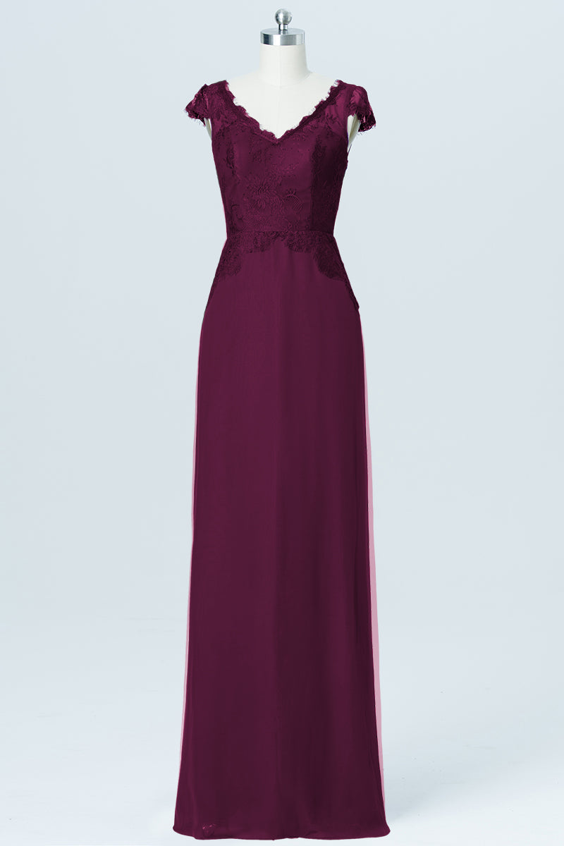 Lace Column V-Neck Cap Sleeves Bridesmaid Dress-B03005