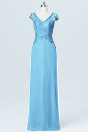 Lace Column V-Neck Cap Sleeves Bridesmaid Dress-B03005