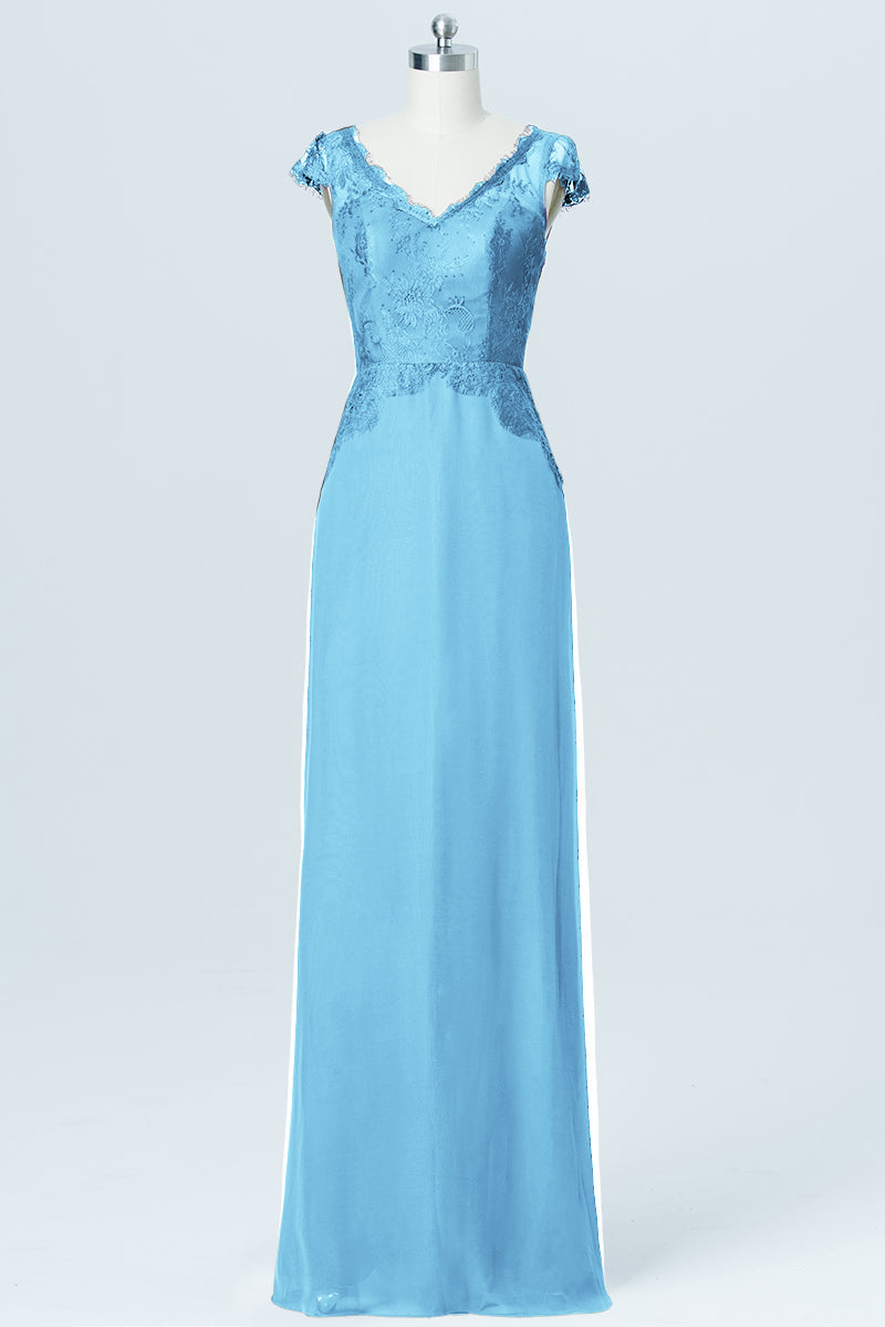 Lace Column V-Neck Cap Sleeves Bridesmaid Dress-B03005