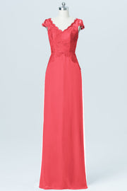 Lace Column V-Neck Cap Sleeves Bridesmaid Dress-B03005