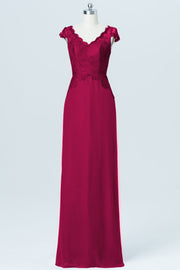 Lace Column V-Neck Cap Sleeves Bridesmaid Dress-B03005