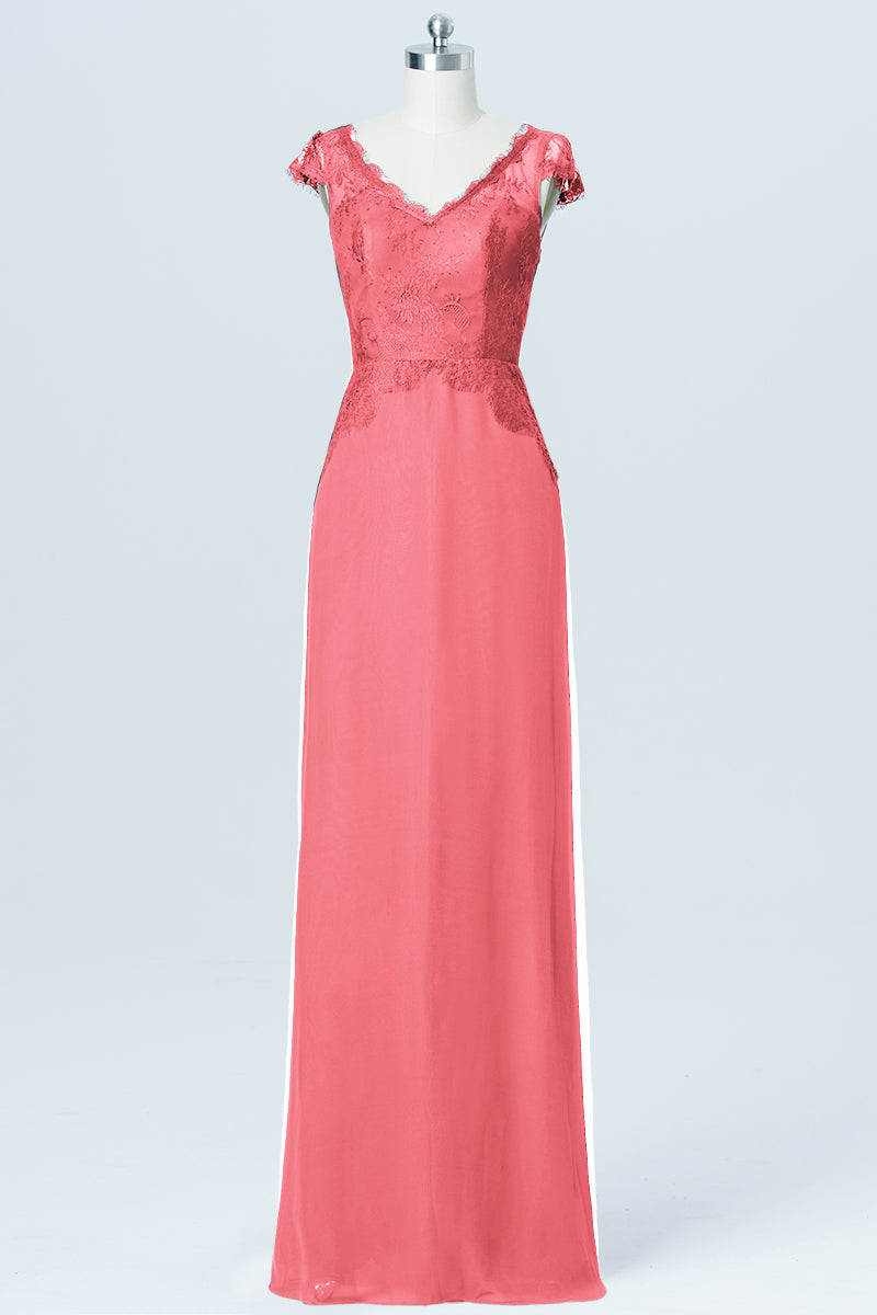 Lace Column V-Neck Cap Sleeves Bridesmaid Dress-B03005