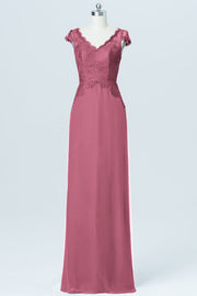 Lace Column V-Neck Cap Sleeves Bridesmaid Dress-B03005
