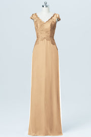 Lace Column V-Neck Cap Sleeves Bridesmaid Dress-B03005