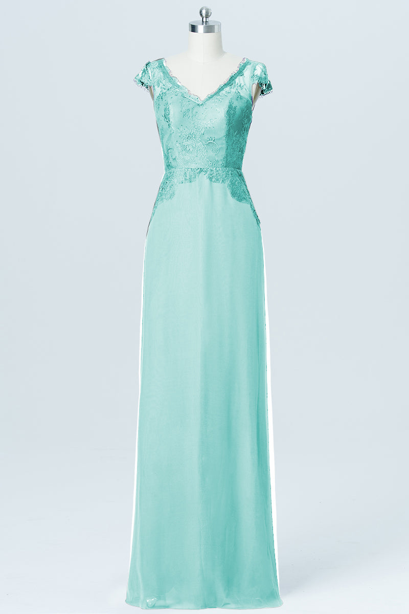 Lace Column V-Neck Cap Sleeves Bridesmaid Dress-B03005