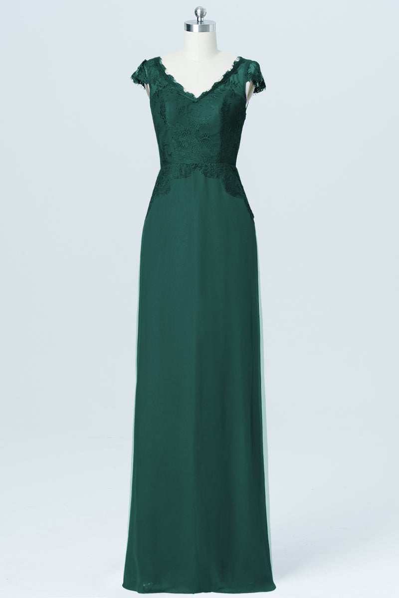 Lace Column V-Neck Cap Sleeves Bridesmaid Dress-B03005