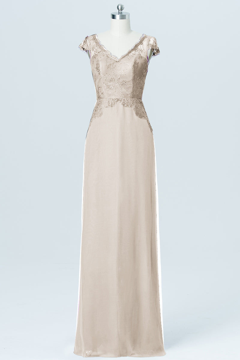 Lace Column V-Neck Cap Sleeves Bridesmaid Dress-B03005