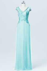 Lace Column V-Neck Cap Sleeves Bridesmaid Dress-B03005