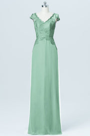 Lace Column V-Neck Cap Sleeves Bridesmaid Dress-B03005