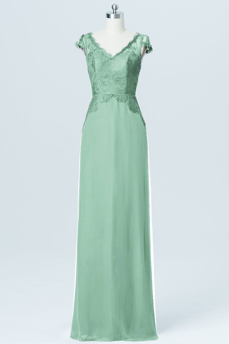 Lace Column V-Neck Cap Sleeves Bridesmaid Dress-B03005