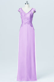Lace Column V-Neck Cap Sleeves Bridesmaid Dress-B03005