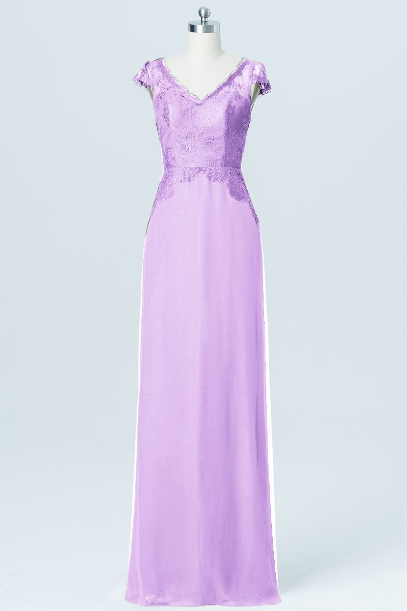Lace Column V-Neck Cap Sleeves Bridesmaid Dress-B03005