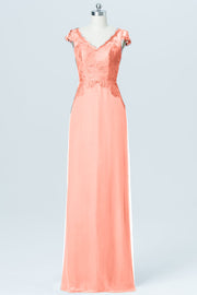 Lace Column V-Neck Cap Sleeves Bridesmaid Dress-B03005