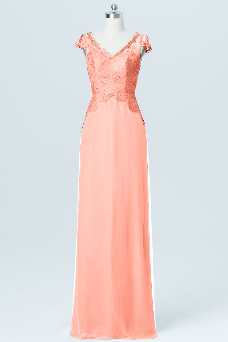 Lace Column V-Neck Cap Sleeves Bridesmaid Dress-B03005