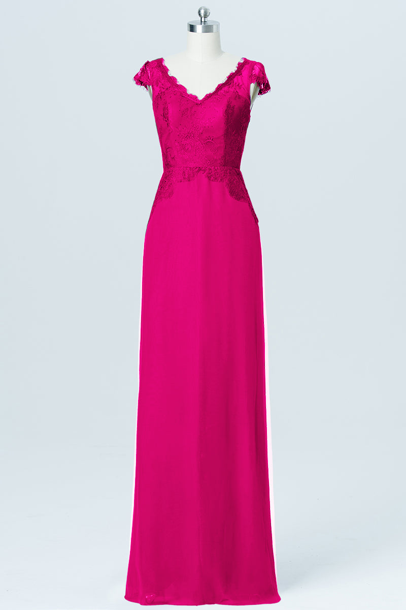Lace Column V-Neck Cap Sleeves Bridesmaid Dress-B03005