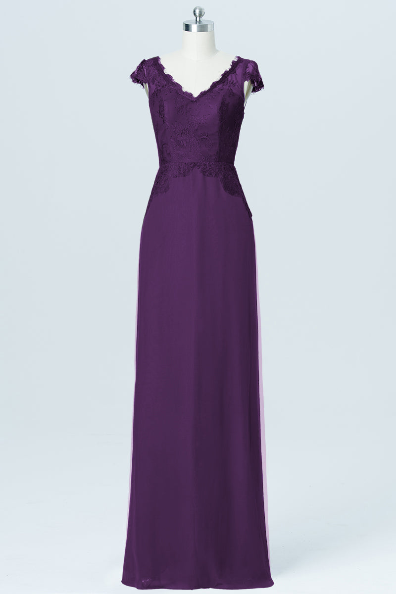 Lace Column V-Neck Cap Sleeves Bridesmaid Dress-B03005