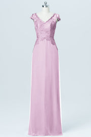 Lace Column V-Neck Cap Sleeves Bridesmaid Dress-B03005