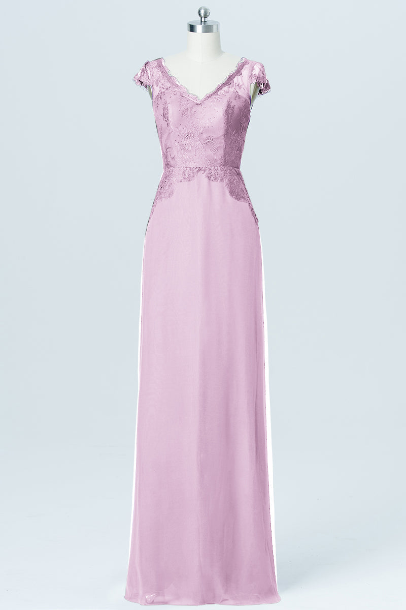 Lace Column V-Neck Cap Sleeves Bridesmaid Dress-B03005