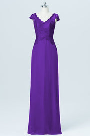 Lace Column V-Neck Cap Sleeves Bridesmaid Dress-B03005