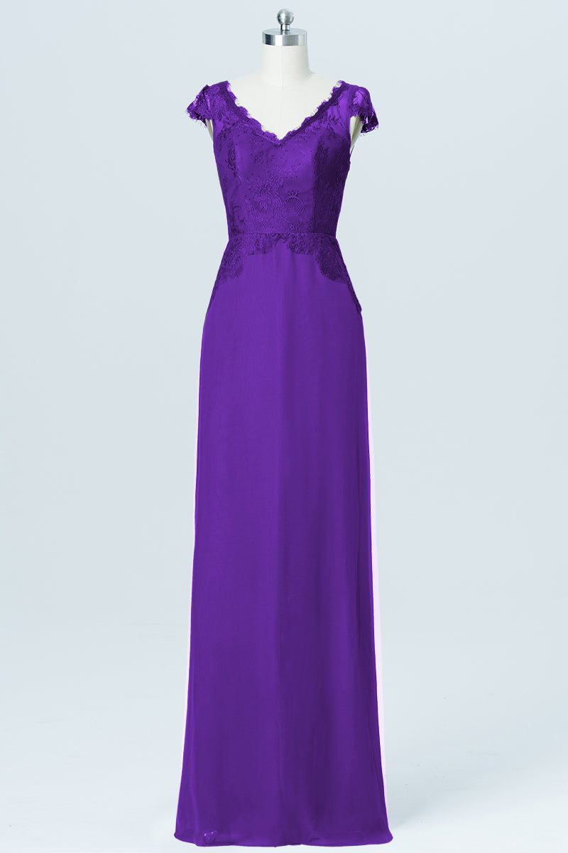 Lace Column V-Neck Cap Sleeves Bridesmaid Dress-B03005