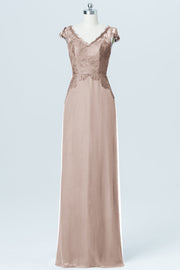 Lace Column V-Neck Cap Sleeves Bridesmaid Dress-B03005