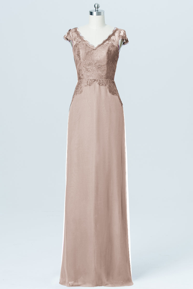 Lace Column V-Neck Cap Sleeves Bridesmaid Dress-B03005