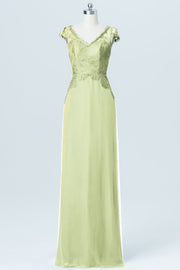 Lace Column V-Neck Cap Sleeves Bridesmaid Dress-B03005